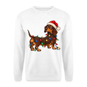 Lustiger Weihnachtsdackel mit bunter Lichterkette - Unisex Pullover - Weiß - Vorne - Alina (178cm) & Michal (187cm)
