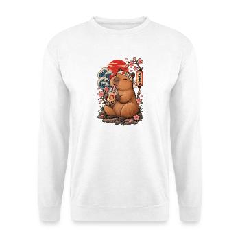 Capybara mit Bubble Tea und japanischen Wellen - Unisex Pullover - Weiß - Vorne - Alina (178cm) & Michal (187cm)