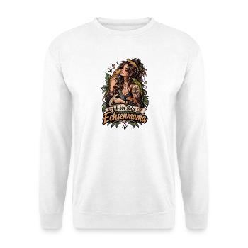 Stolze Echsenmama – Frau mit Echse - Unisex Pullover - Weiß - Vorne - Alina (178cm) & Michal (187cm)