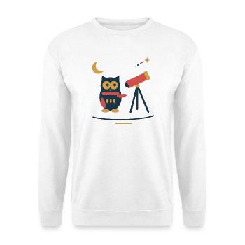 Eule am Sternenteleskop – Winterastronomie - Unisex Pullover - Weiß - Vorne - Alina (178cm) & Michal (187cm)