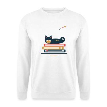 Katze schläft auf Büchern – gemütliche Lesepause - Unisex Pullover - Weiß - Vorne - Alina (178cm) & Michal (187cm)