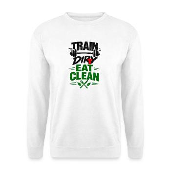Train, Dirty Eat Clean Fitness Langhanteldesign - Unisex Pullover - Weiß - Vorne - Alina (178cm) & Michal (187cm)