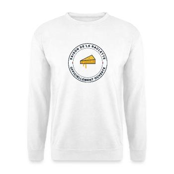 Open Raclette-Saison – Käsehumor - Unisex Pullover - Weiß - Vorne - Alina (178cm) & Michal (187cm)