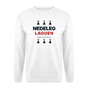 Nedeleg Laouen – Frohe Weihnachten auf Bretonisch - Unisex Pullover - Weiß - Vorne - Alina (178cm) & Michal (187cm)