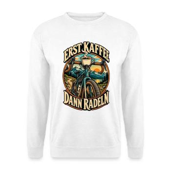 Erst Kaffee dann radeln – Fahrrad & Kaffee - Unisex Pullover - Weiß - Vorne - Alina (178cm) & Michal (187cm)