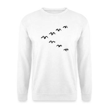 Zugvögel handgezeichnet - Unisex Pullover - Weiß - Vorne - Alina (178cm) & Michal (187cm)