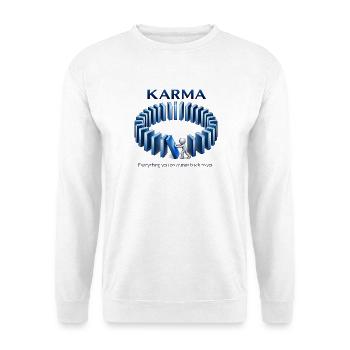 Karma Spruch Domino Effekt Alles kommt zurück - Unisex Pullover - Weiß - Vorne - Alina (178cm) & Michal (187cm)