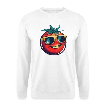 Lachende Tomate mit gelber Sonnenbrille - Unisex Pullover - Weiß - Vorne - Alina (178cm) & Michal (187cm)