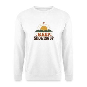 Immer wieder erscheinen – Positives Retro-Design - Unisex Pullover - Weiß - Vorne - Alina (178cm) & Michal (187cm)