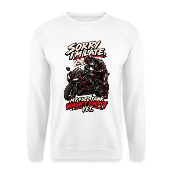 Tut mir leid, mein Tank ist nicht leer. Biker-Humor - Unisex Pullover - Weiß - Vorne - Alina (178cm) & Michal (187cm)
