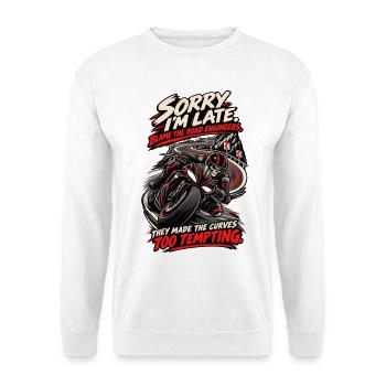 Gib den Straßeningenieuren die Schuld. Biker-Humor - Unisex Pullover - Weiß - Vorne - Alina (178cm) & Michal (187cm)
