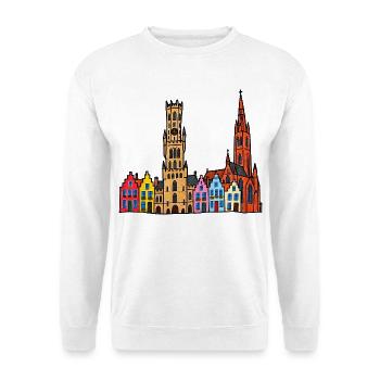 Brügge Skyline im bunten Wachsmalstil - Unisex Pullover - Weiß - Vorne - Alina (178cm) & Michal (187cm)