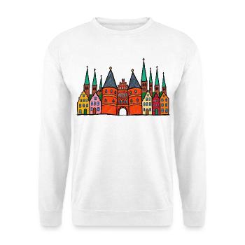 Lübeck Skyline im bunten Wachsmalstil - Unisex Pullover - Weiß - Vorne - Alina (178cm) & Michal (187cm)