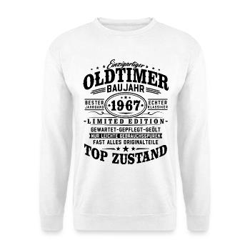 Oldtimer Baujahr 1967 Jahrgang Geburtstag Geschenk - Unisex Pullover - Weiß - Vorne - Alina (178cm) & Michal (187cm)