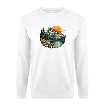 Bergsee mit Tannen und orangefarbener Sonne - Unisex Pullover - Weiß - Vorne - Alina (178cm) & Michal (187cm)