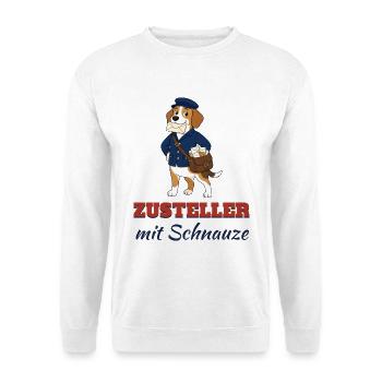 Zusteller mit Schnauze – Beagle Postbote - Unisex Pullover - Weiß - Vorne - Alina (178cm) & Michal (187cm)