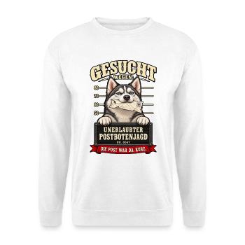 Husky auf dem Fahnungsfoto /  Witziger Hundespruch - Unisex Pullover - Weiß - Vorne - Alina (178cm) & Michal (187cm)