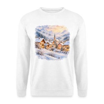 Winterdorf Weihnachten Aquarell Landschaft Pastell - Unisex Pullover - Weiß - Vorne - Alina (178cm) & Michal (187cm)