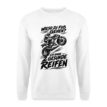 Motorradfahrer lustiger Spruch - Unisex Pullover - Weiß - Vorne - Alina (178cm) & Michal (187cm)