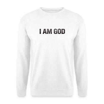 I AM GOD – Rustikale Metalltypografie - Unisex Pullover - Weiß - Vorne - Alina (178cm) & Michal (187cm)