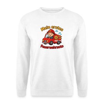 Mein erstes Feuerwehrauto Motiv - Unisex Pullover - Weiß - Vorne - Alina (178cm) & Michal (187cm)