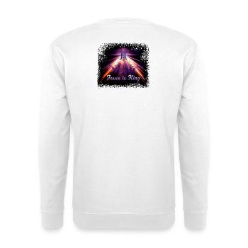 "Jesus is King" , Jesus Image violett/pink - Unisex Pullover - Weiß - Hinten - Michal (187cm)