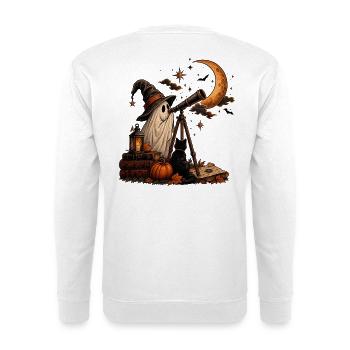 Halloween Geist mit Katze und Sternenhimmel - Unisex Pullover - Weiß - Hinten - Michal (187cm)