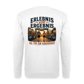 Erlebnis vor Ergebnis - 42,195 km Gänsehaut - Unisex Pullover - Weiß - Hinten - Michal (187cm)