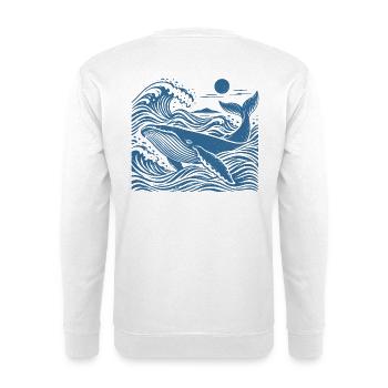 Welle und Wal: Blaue Welle - Unisex Pullover - Weiß - Hinten - Michal (187cm)