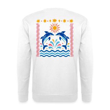 Bunte Delfine bei Sonnenaufgang - Unisex Pullover - Weiß - Hinten - Michal (187cm)