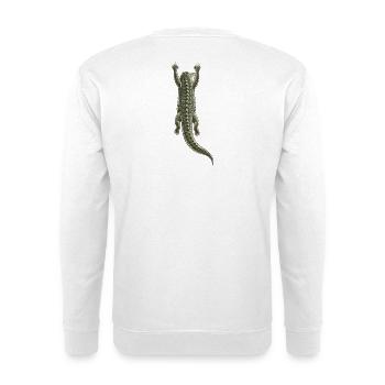 Krokodil auf dem Rücken hängend – Trompe-l'oeil-Effekt - Unisex Pullover - Weiß - Hinten - Michal (187cm)