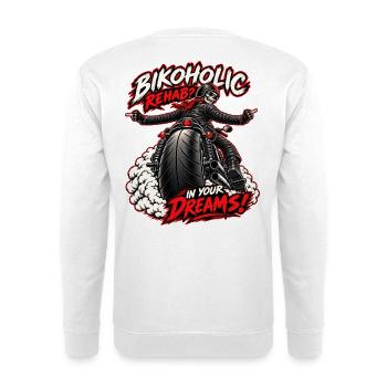 Bikoholic – die Reha? Biker-Humor - Unisex Pullover - Weiß - Hinten - Michal (187cm)