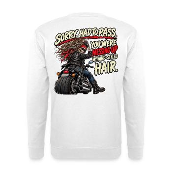 Überholen, du hast mich durcheinandergebracht. Biker-Humor - Unisex Pullover - Weiß - Hinten - Michal (187cm)