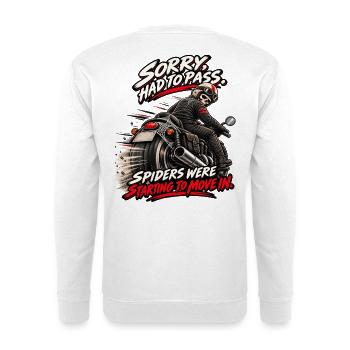 Überholung! Die Spinnen haben sich eingerichtet. Humor - Unisex Pullover - Weiß - Hinten - Michal (187cm)