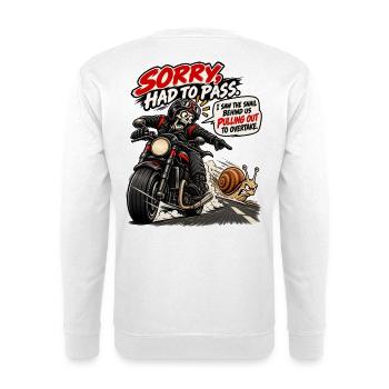 Überhole, eine Schnecke überholt mich. Biker-Humor - Unisex Pullover - Weiß - Hinten - Michal (187cm)
