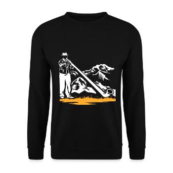 Stimmgewaltiges Alphorn Almhütte - Unisex Pullover - Schwarz - Vorne - Alina (178cm) & Michal (187cm)
