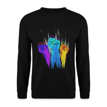 Bunte geballte Fäuste erhoben - Unisex Pullover - Schwarz - Vorne - Alina (178cm) & Michal (187cm)