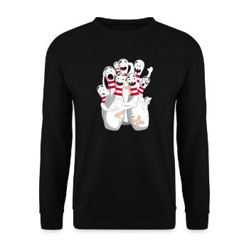 Lustige Bowlingkegel mit Angst vor der Kugel - Unisex Pullover - Schwarz - Vorne - Alina (178cm) & Michal (187cm)