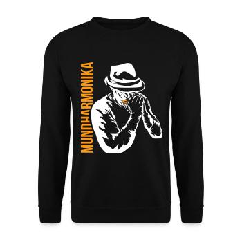 Bluesige Mundharmonika Straßenmusik - Unisex Pullover - Schwarz - Vorne - Alina (178cm) & Michal (187cm)
