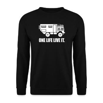 One Life Live it LKW Reise Geschenk Allrad Offroad - Unisex Pullover - Schwarz - Vorne - Alina (178cm) & Michal (187cm)