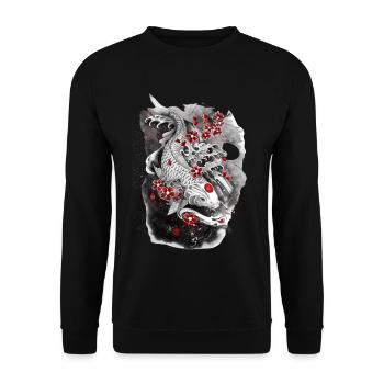 Kohaku weißer Koi-Karpfen, umgeben von Sakura - Unisex Pullover - Schwarz - Vorne - Alina (178cm) & Michal (187cm)