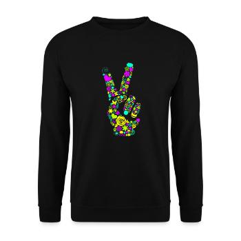 Peace Handzeichen Frieden Friedenssymbol Neon - Unisex Pullover - Schwarz - Vorne - Alina (178cm) & Michal (187cm)