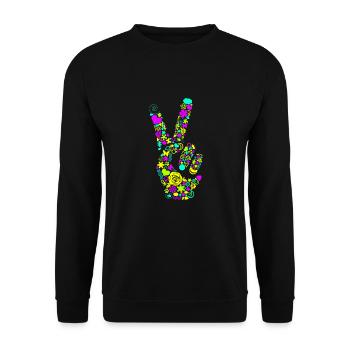 Peace Handzeichen Frieden Friedenssymbol Neon - Unisex Pullover - Schwarz - Vorne - Alina (178cm) & Michal (187cm)