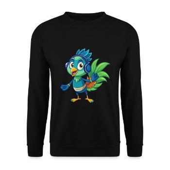 Pfau Lustige Zeichentrickfigur Kopfhörer Musik - Unisex Pullover - Schwarz - Vorne - Alina (178cm) & Michal (187cm)