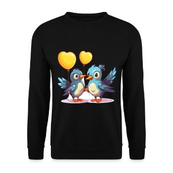 Jay Birds Kawaii Cartoon Haustier spielt mit Luftballons - Unisex Pullover - Schwarz - Vorne - Alina (178cm) & Michal (187cm)