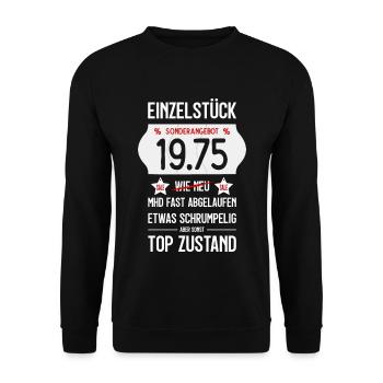 51. GEBURTSTAG 1975 EINZELSTÜCK PREISSCHILD - Unisex Pullover - Schwarz - Vorne - Alina (178cm) & Michal (187cm)
