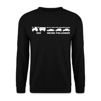 Ich meine Follower - Liken und kommentieren - Unisex Pullover - Schwarz - Vorne - Alina (178cm) & Michal (187cm)