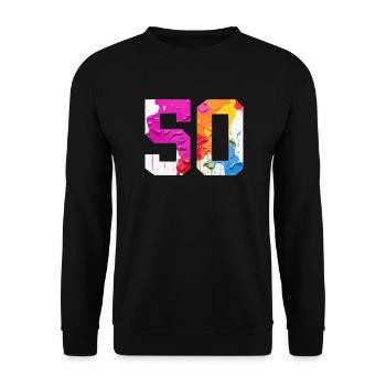 FARBIG NUMMER 50 BUNT 50. GEBURTSTAG - Unisex Pullover - Schwarz - Vorne - Alina (178cm) & Michal (187cm)