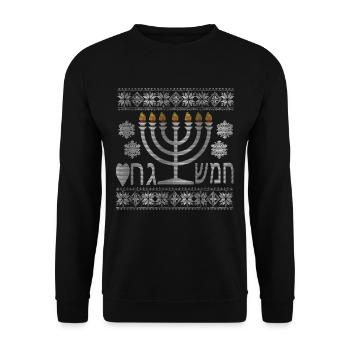 Ugly Hanukah Judentum Juden Juedisch Feier Menorah - Unisex Pullover - Schwarz - Vorne - Alina (178cm) & Michal (187cm)