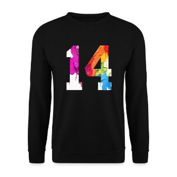 FARBIG NUMMER 14 BUNT 14. GEBURTSTAG - Unisex Pullover - Schwarz - Vorne - Alina (178cm) & Michal (187cm)